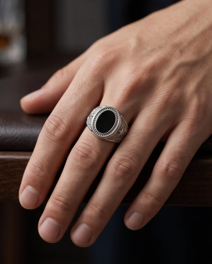 Celestial Oval Cabochon Starry-Night Stippled Silver Ring