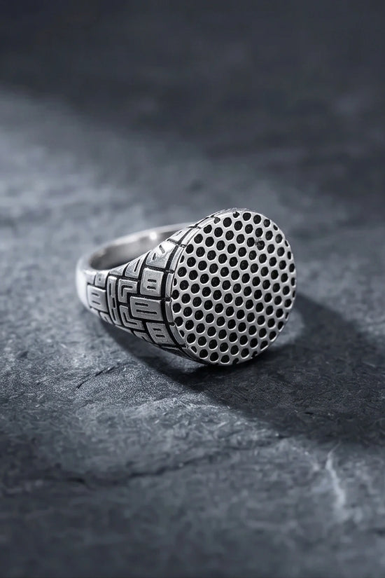 Sterling Silver Industrial Perforated Round Signet Ring