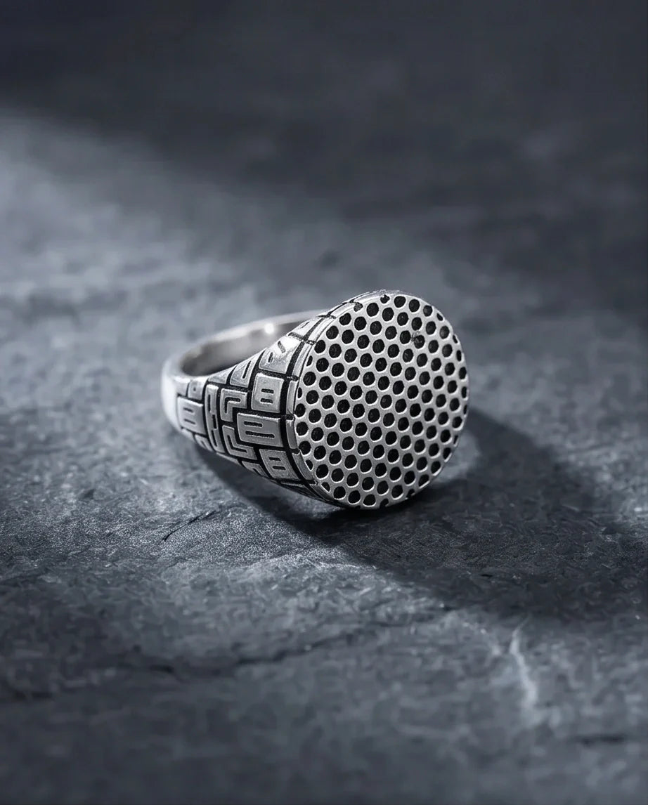 Sterling Silver Industrial Perforated Round Signet Ring