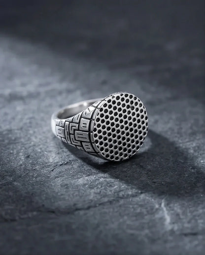 Sterling Silver Industrial Perforated Round Signet Ring