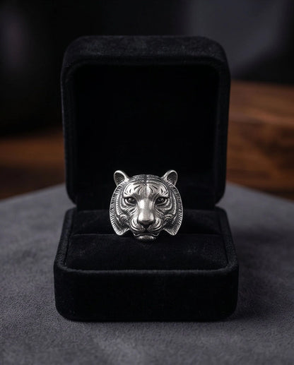 Oxidized Silver Sculpted Tiger Signet Ring