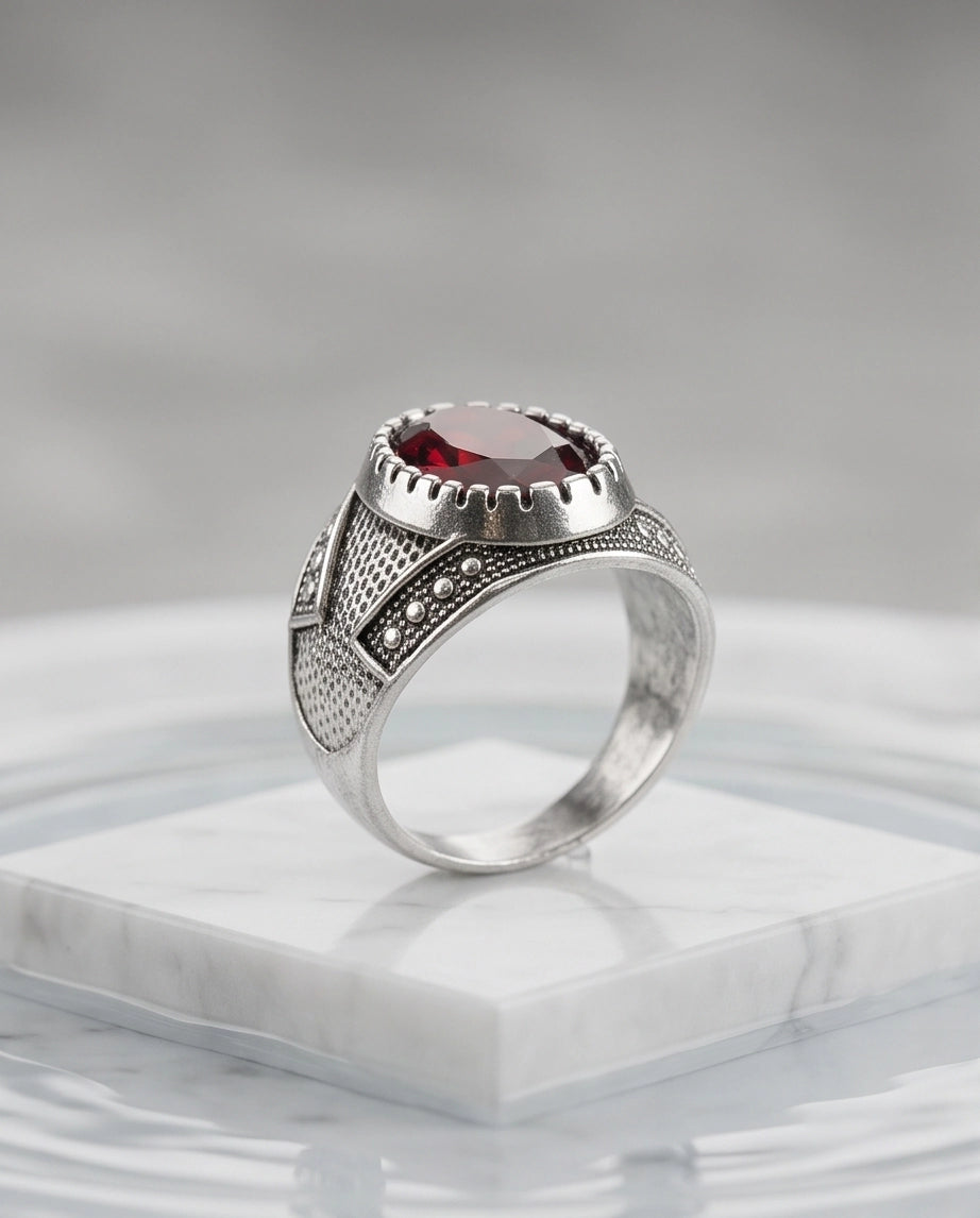 Ruby Gemstone Notched Bezel Stippled Silver Ring
