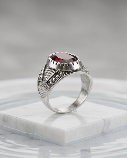 Ruby Gemstone Notched Bezel Stippled Silver Ring