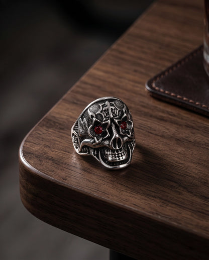 Ruby-Eyed Star-Eyed Gothic Cross Skull Silver Ring