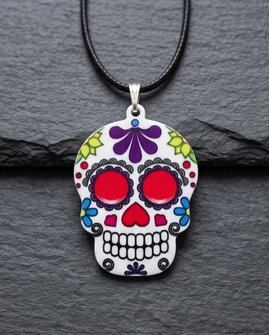 Vibrant Sugar Skull Día de los Muertos Pendant Necklace