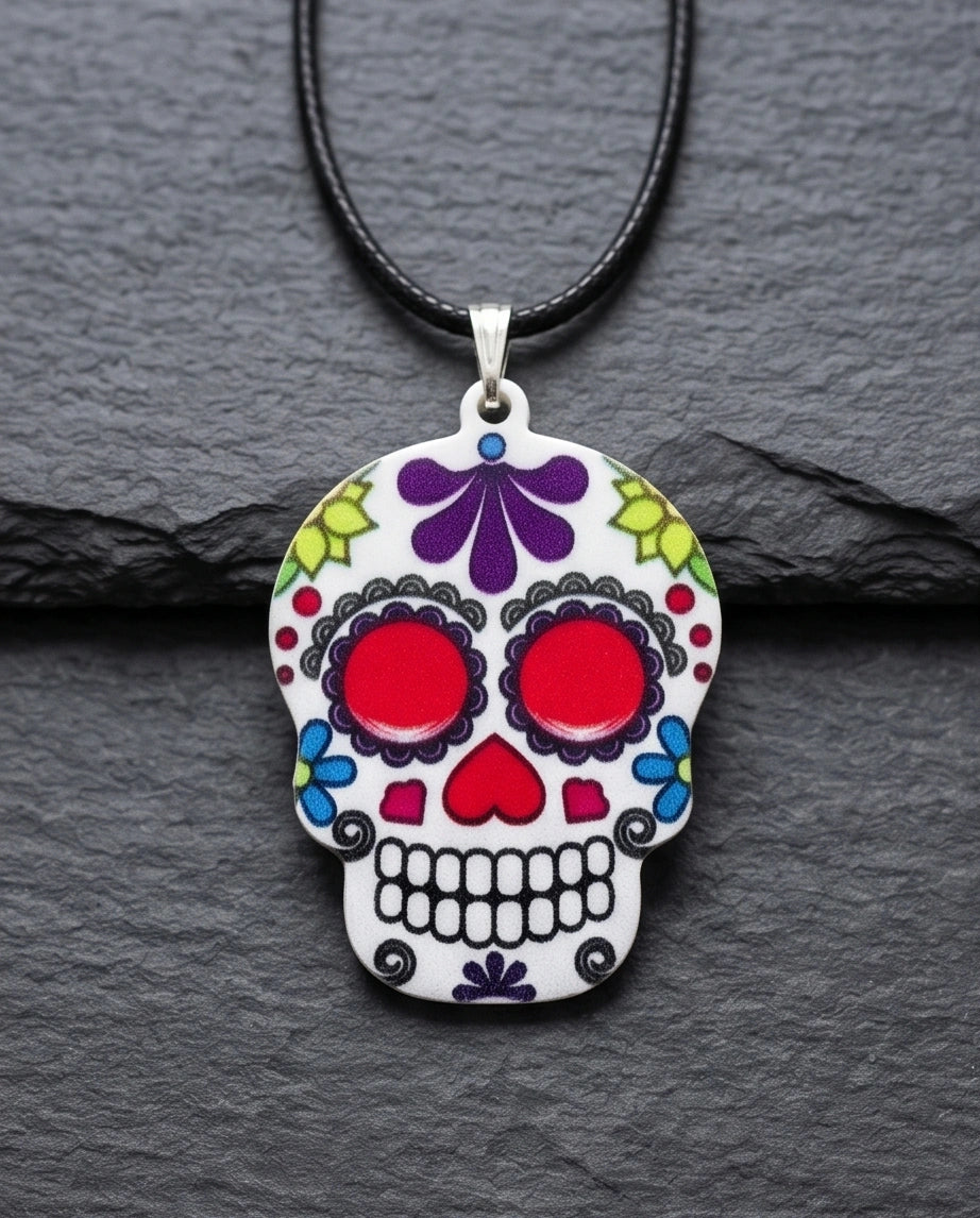 Vibrant Sugar Skull Día de los Muertos Pendant Necklace