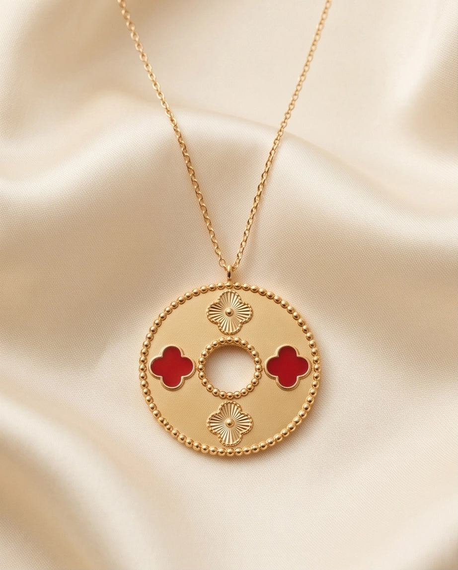 Gold Red Clover Medallion Necklace