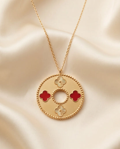 Gold Red Clover Medallion Necklace