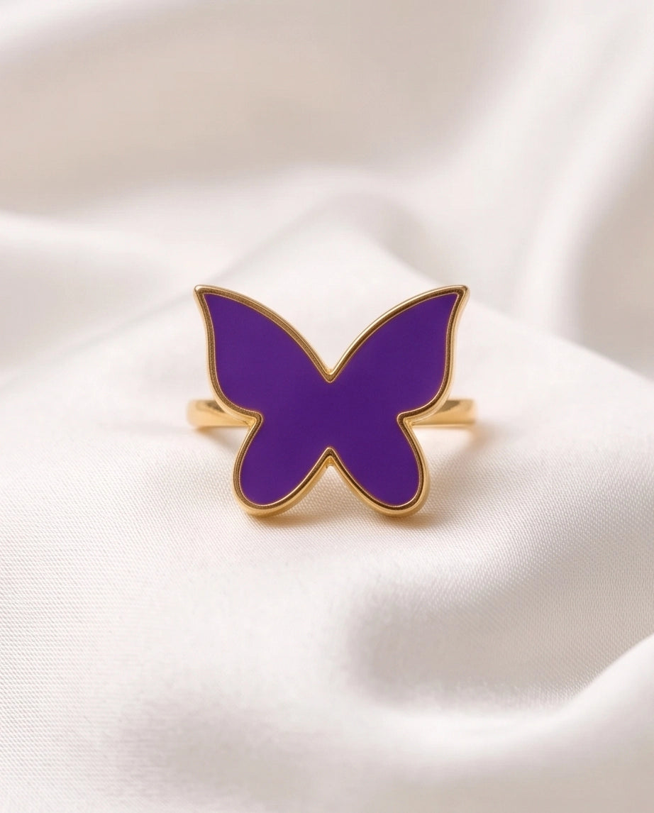 Gold Purple Butterfly Enamel Ring