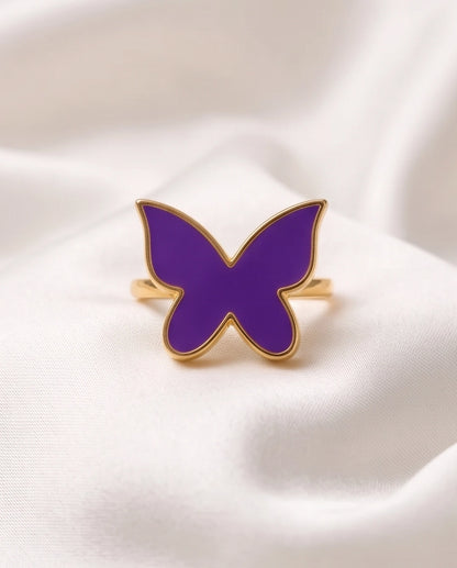 Gold Purple Butterfly Enamel Ring