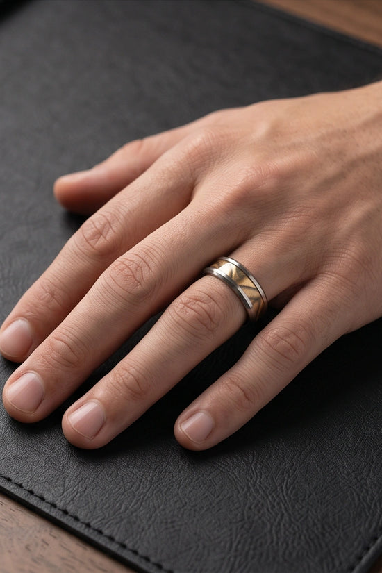 Natural Olive Wood Inlay Silver Band Ring