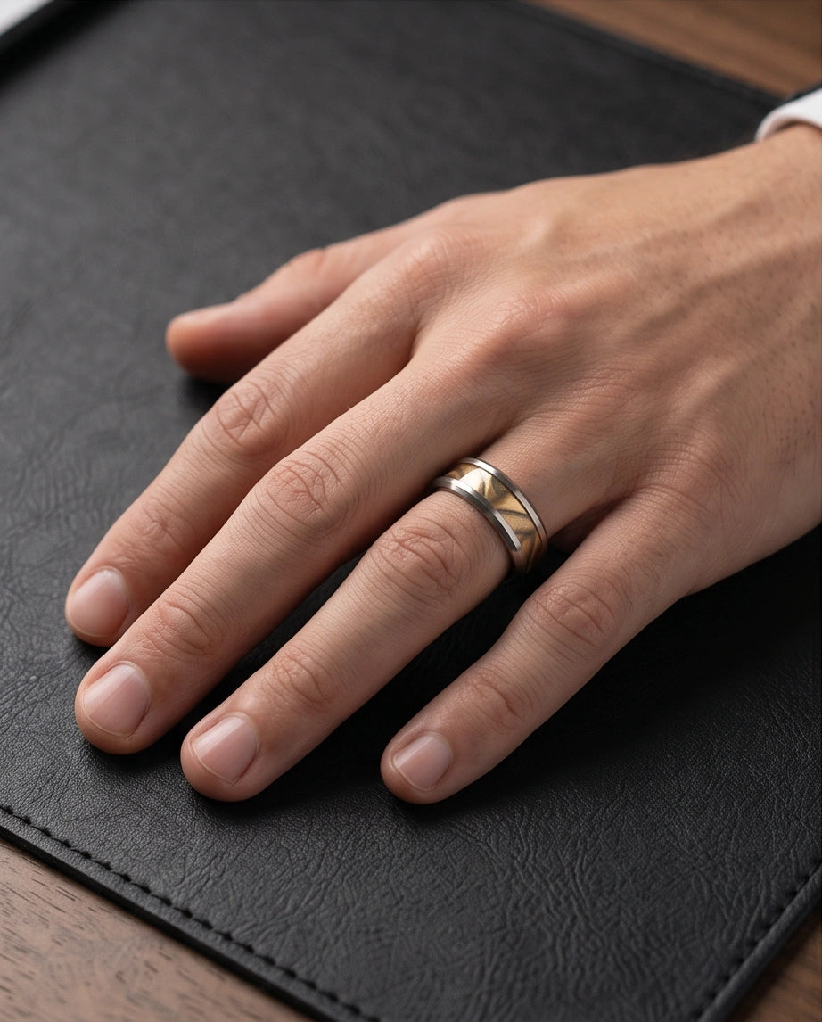 Natural Olive Wood Inlay Silver Band Ring