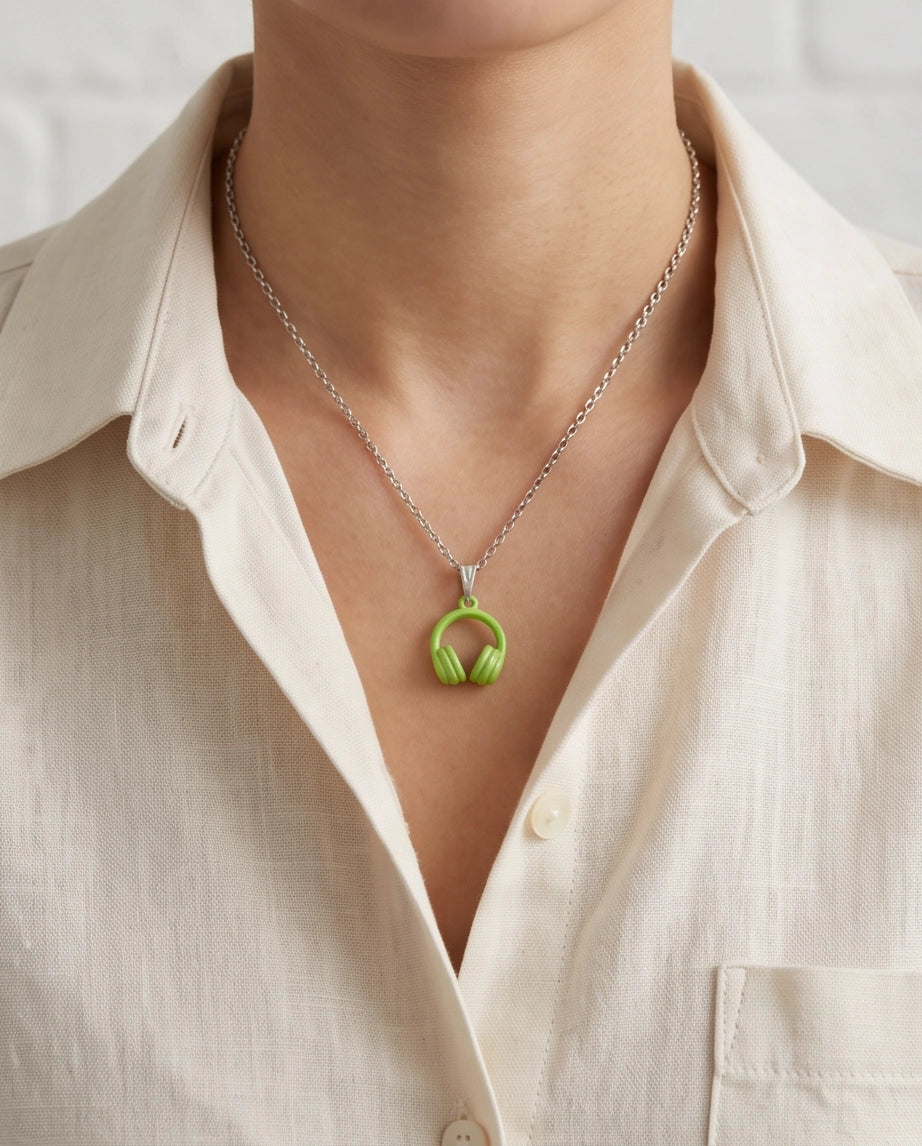 Lime Green Headphones Enamel Pendant Necklace
