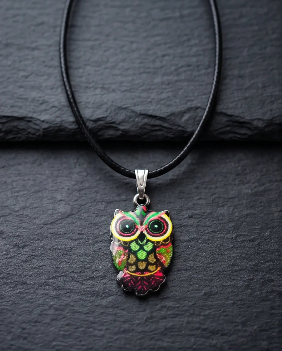 Neon Cyberpunk Owl Totem Pendant Necklace