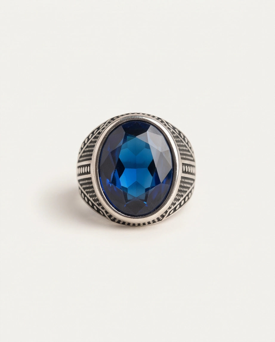 Sapphire Gemstone Beaded Smooth Bezel Chevron Stippled Silver Ring