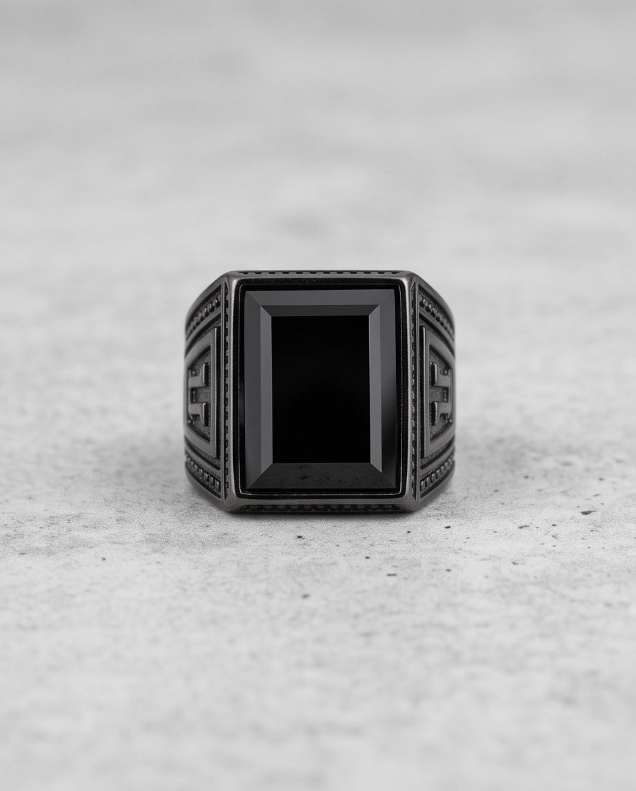 Jet Black Emerald-Cut Onyx Geometric Architectural Silver Ring