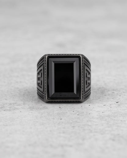 Jet Black Emerald-Cut Onyx Geometric Architectural Silver Ring