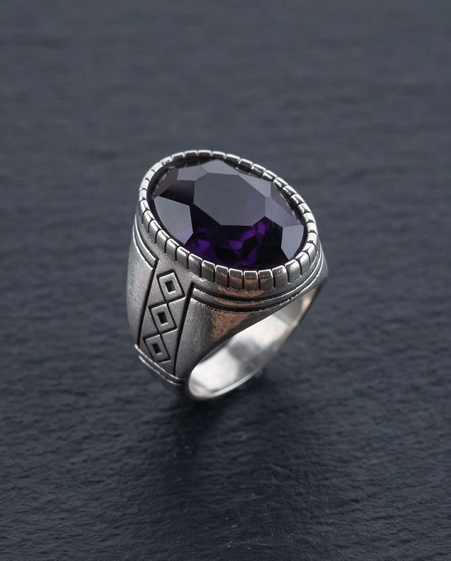 Amethyst Gemstone Notched Bezel Geometric Diamond Silver Ring