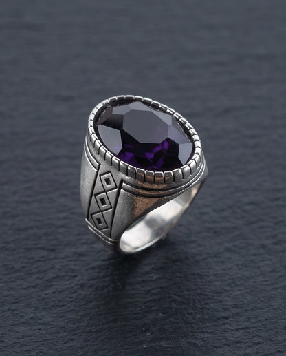 Amethyst Gemstone Notched Bezel Geometric Diamond Silver Ring