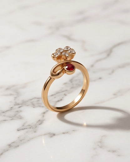 Crystal Flower & Ruby Accent Bow Ring