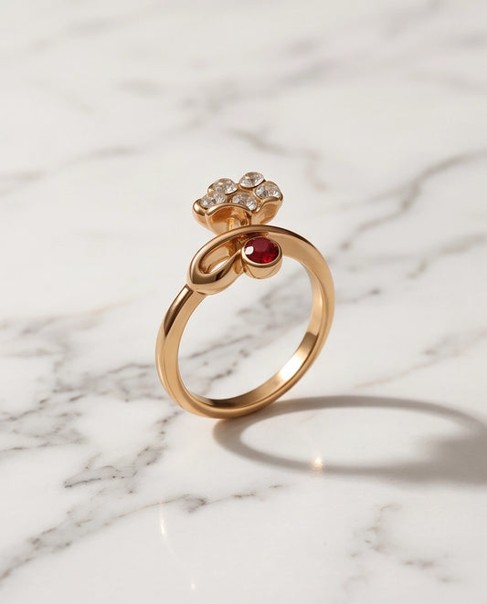 Crystal Flower & Ruby Accent Bow Ring