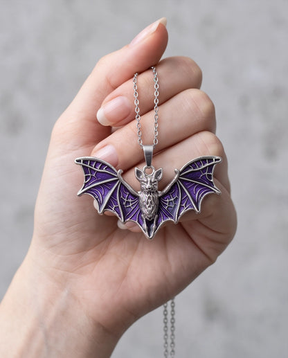 Silver Purple Enamel Flying Bat Pendant Necklace