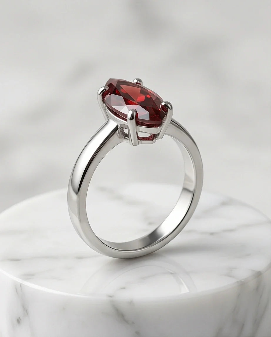 Sterling Silver Marquise-Cut Amber Carnelian Solitaire Ring