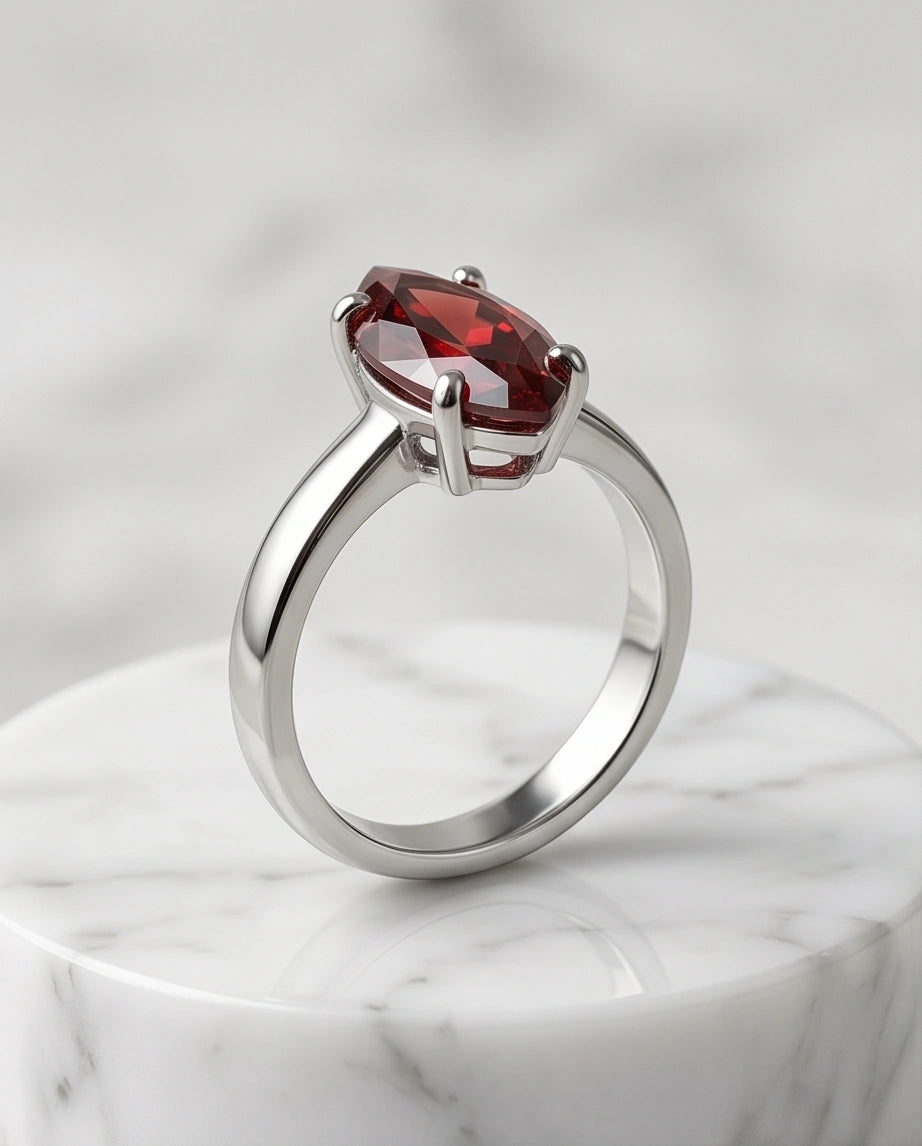 Sterling Silver Marquise-Cut Amber Carnelian Solitaire Ring