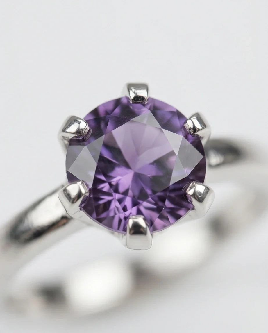 Sterling Silver Amethyst Purple Round Cut Solitaire Ring