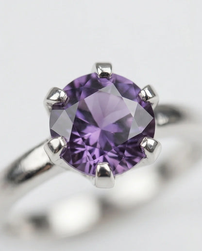 Sterling Silver Amethyst Purple Round Cut Solitaire Ring