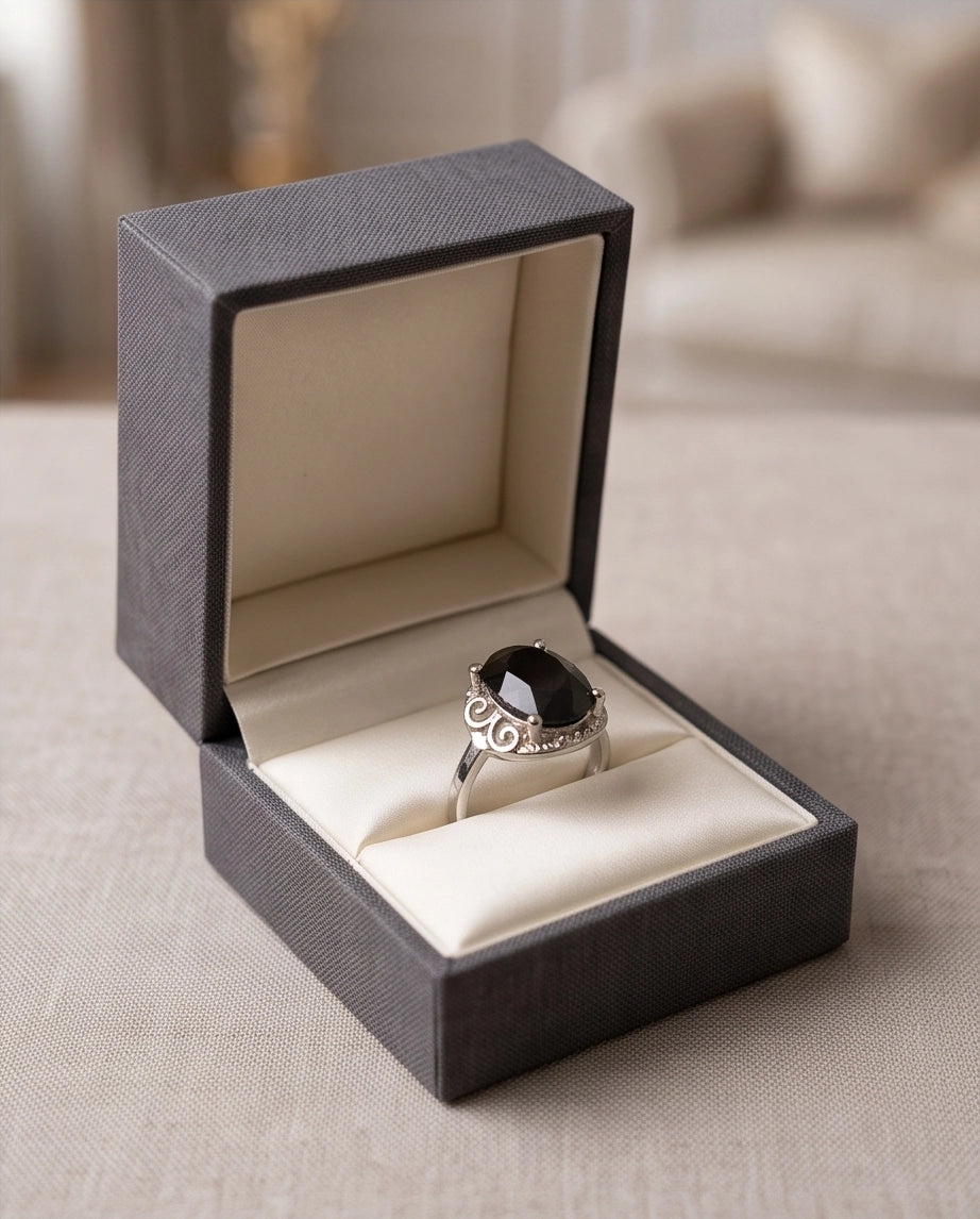 Silver Oval Onyx Filigree Solitaire Ring
