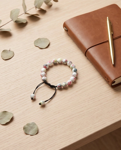 Cherry Blossom Patterned Ceramic Beaded Adjustable Macrame Bracelet