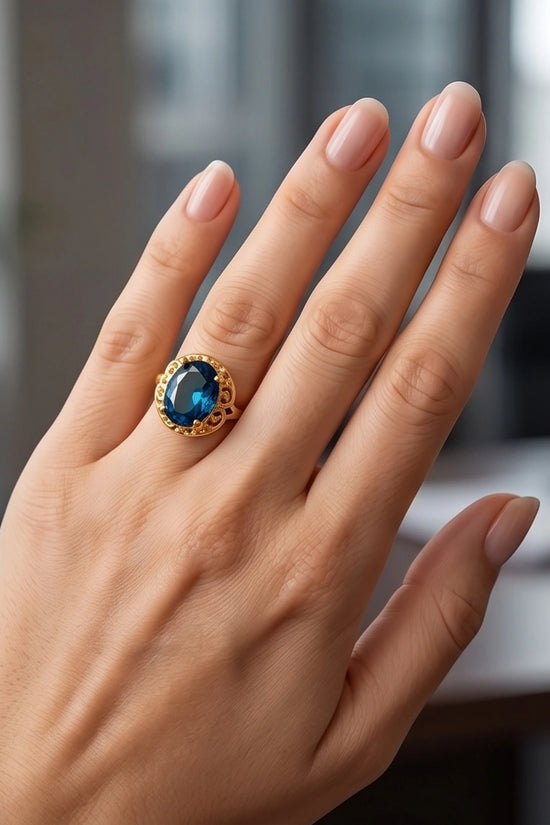 Gold Plated London Blue Oval Baroque Ring