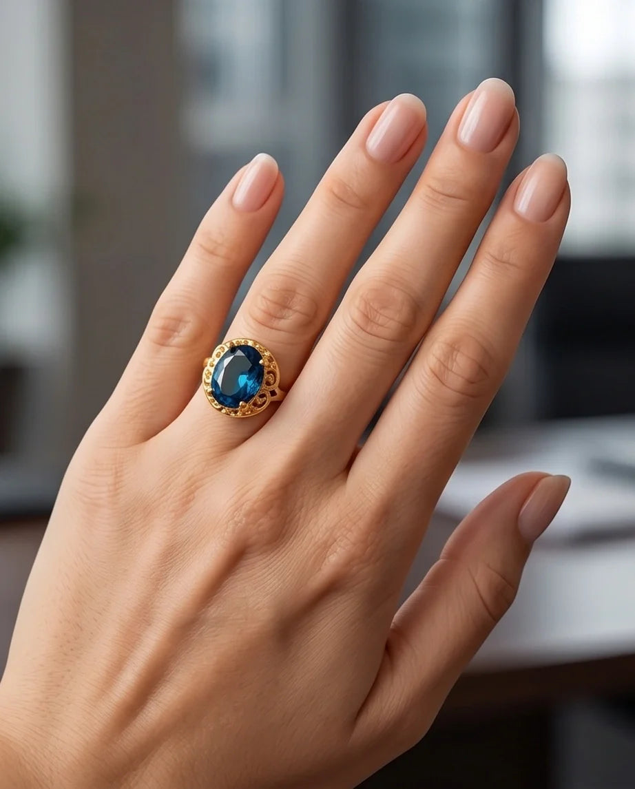 Gold Plated London Blue Oval Baroque Ring