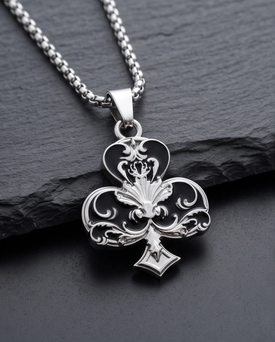 Silver Filigree Ace of Clubs Pendant Necklace