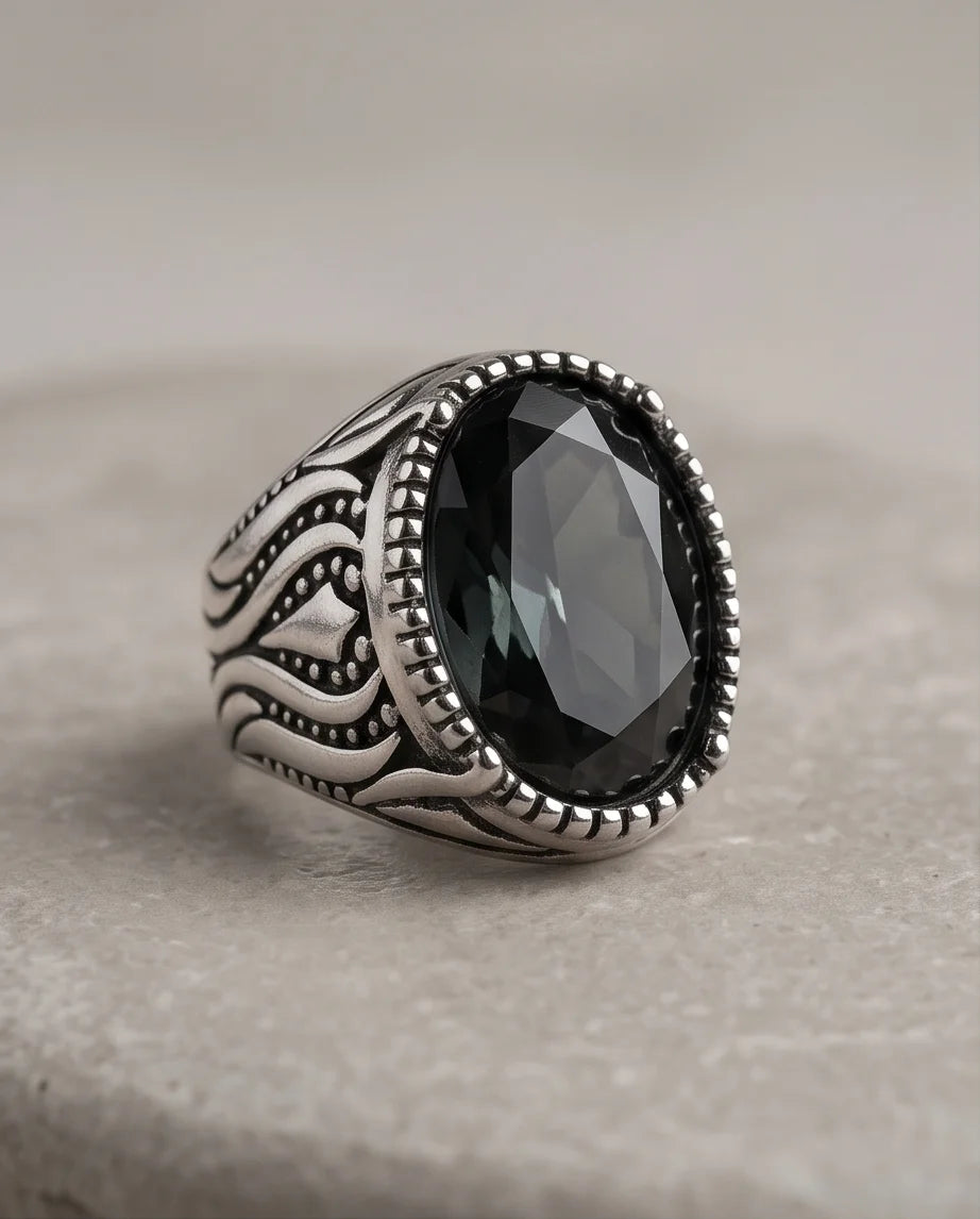 Obsidian Gemstone Beaded Frame Flame Silver Ring