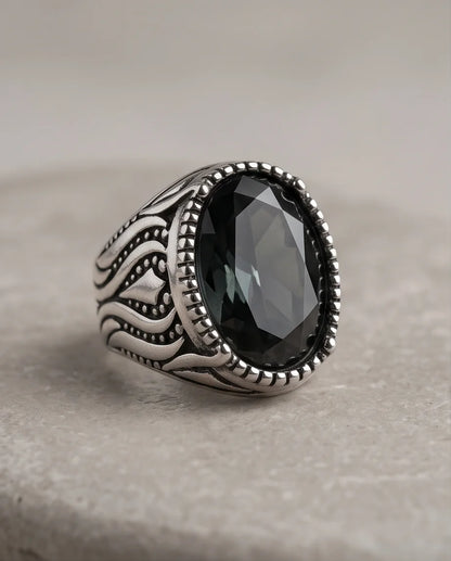 Obsidian Gemstone Beaded Frame Flame Silver Ring