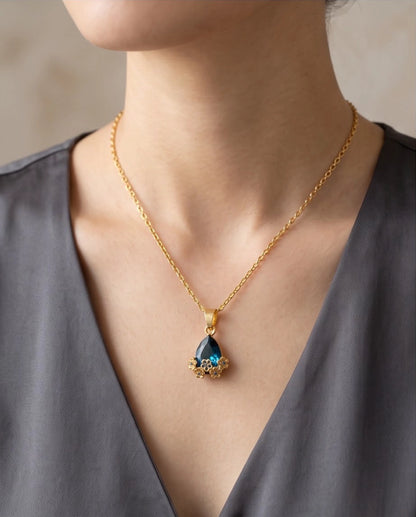 Gold Sapphire Teardrop Floral Basket Pendant Necklace
