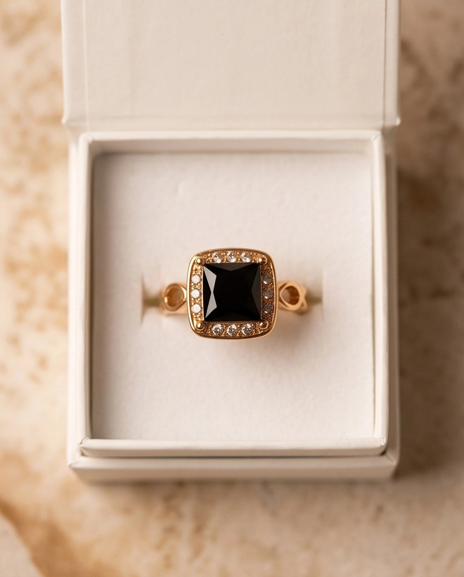 Black Onyx Cushion Halo Gold Ring