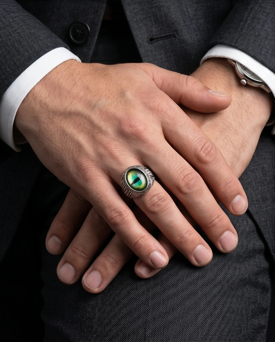 Vintage Sterling Silver Mythic Lime-Green Dragon's Eye Ring