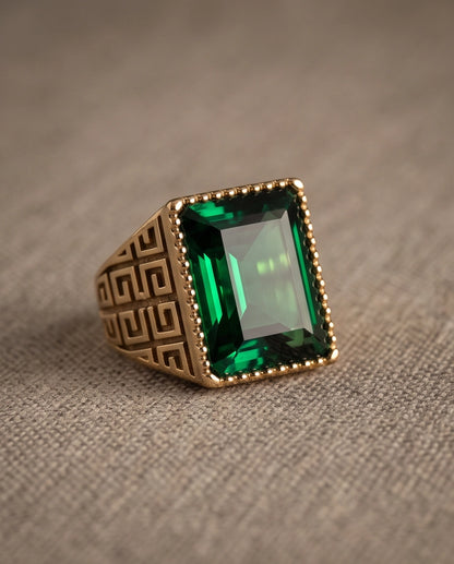 Emerald Cut Beaded-Rim Greek Key Gold Ring