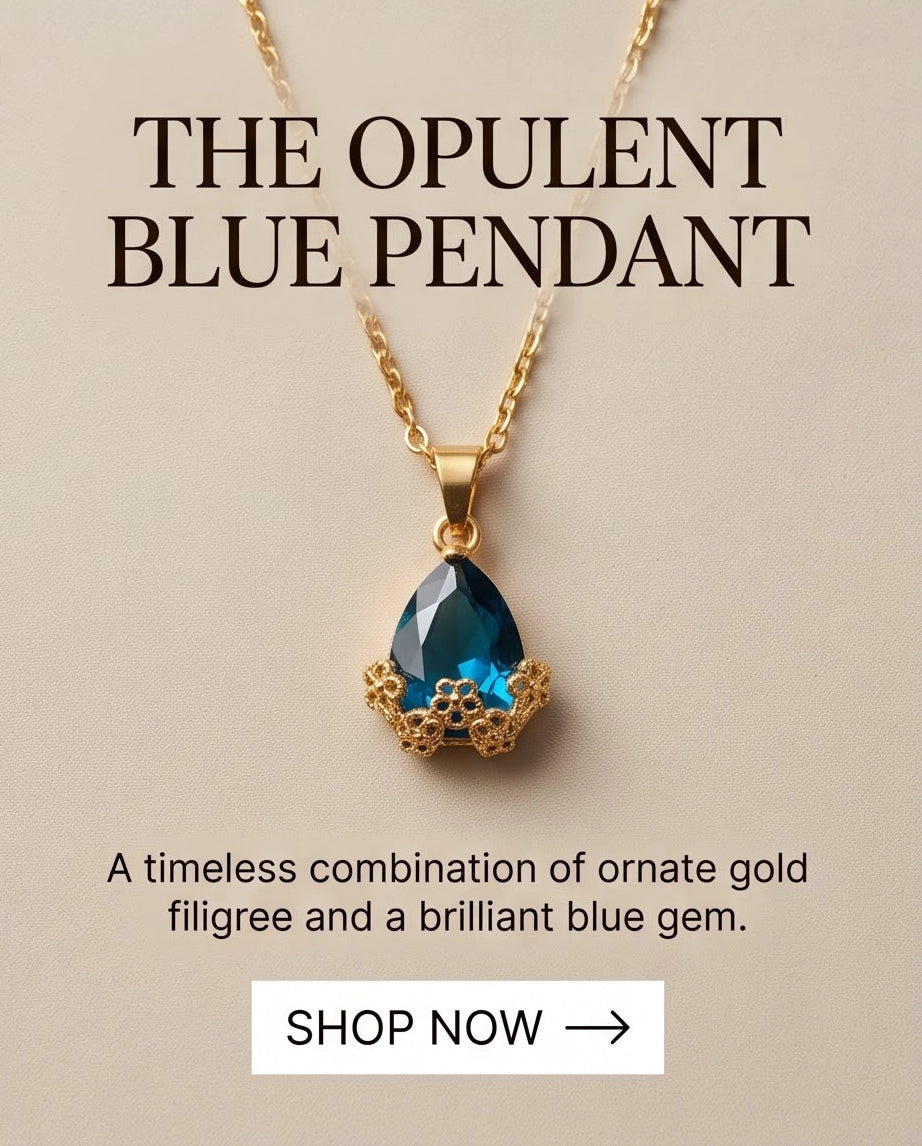 Gold Sapphire Teardrop Floral Basket Pendant Necklace