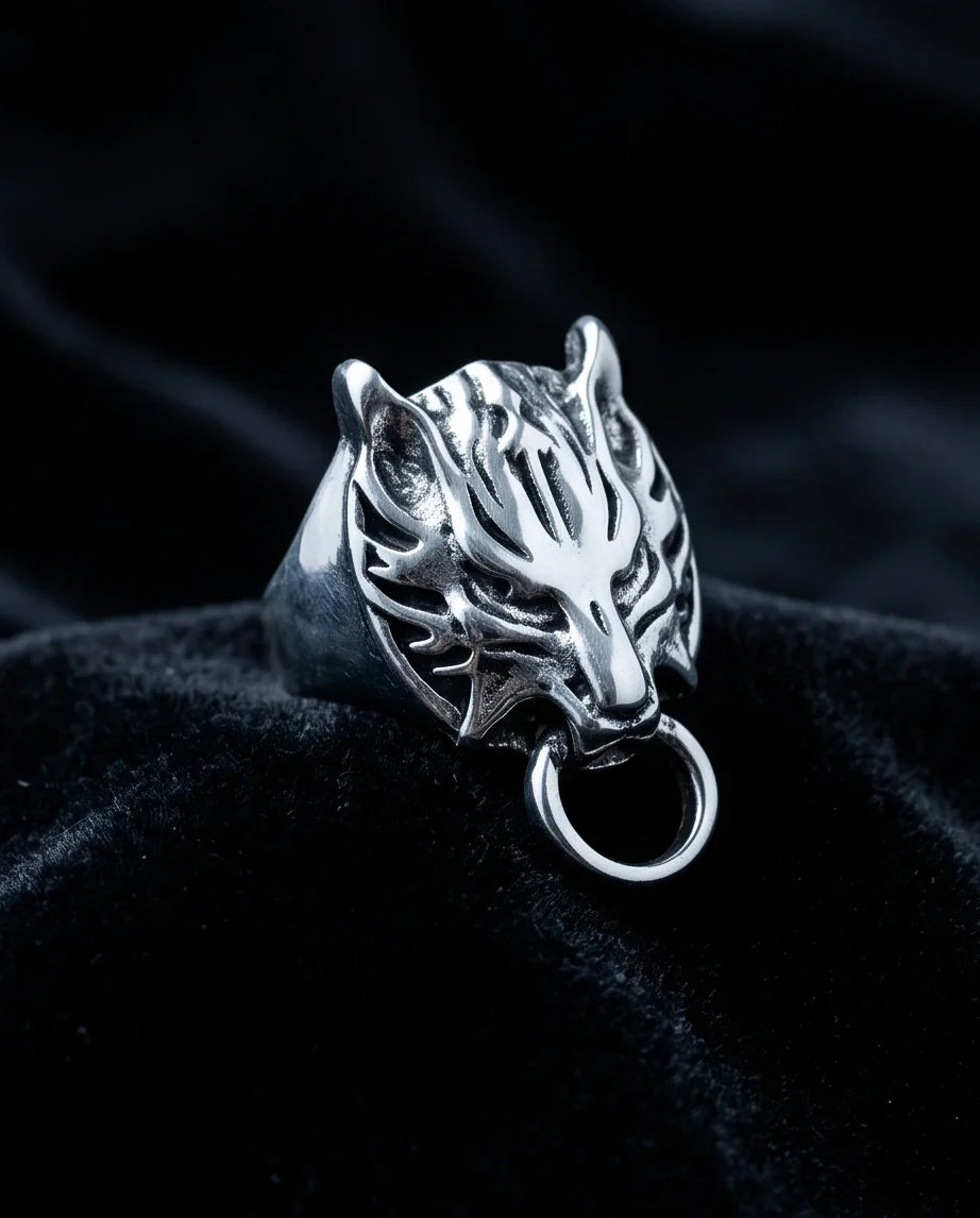 Vintage Silver Oxidized Viking Wolf Door Knocker Ring