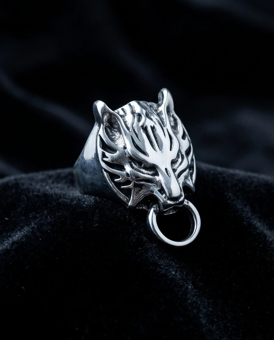 Vintage Silver Oxidized Viking Wolf Door Knocker Ring