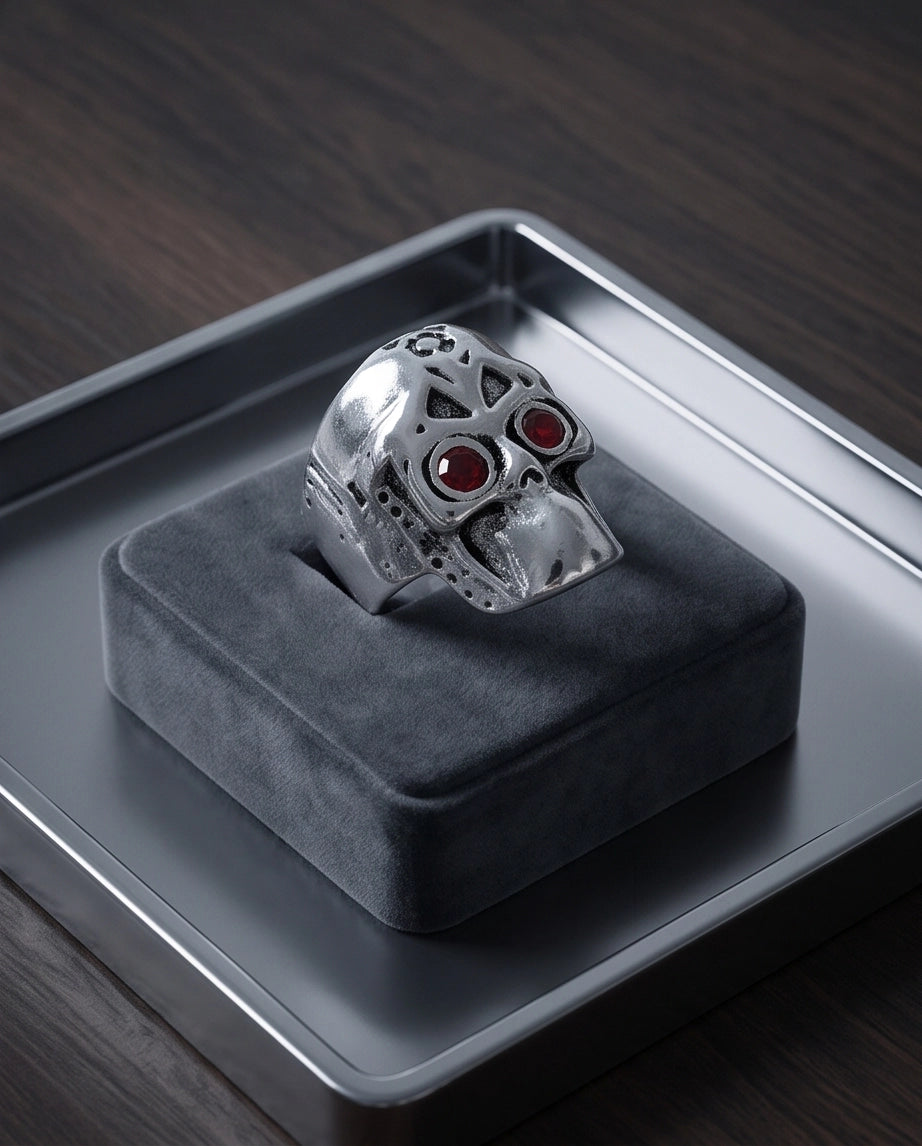 Ruby-Eyed Mechanical Mask Skull Ring