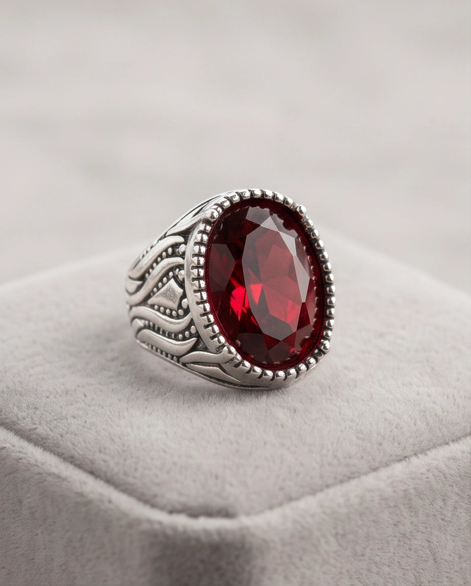 Garnet Gemstone Beaded Frame Flame Silver Ring