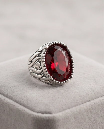 Garnet Gemstone Beaded Frame Flame Silver Ring