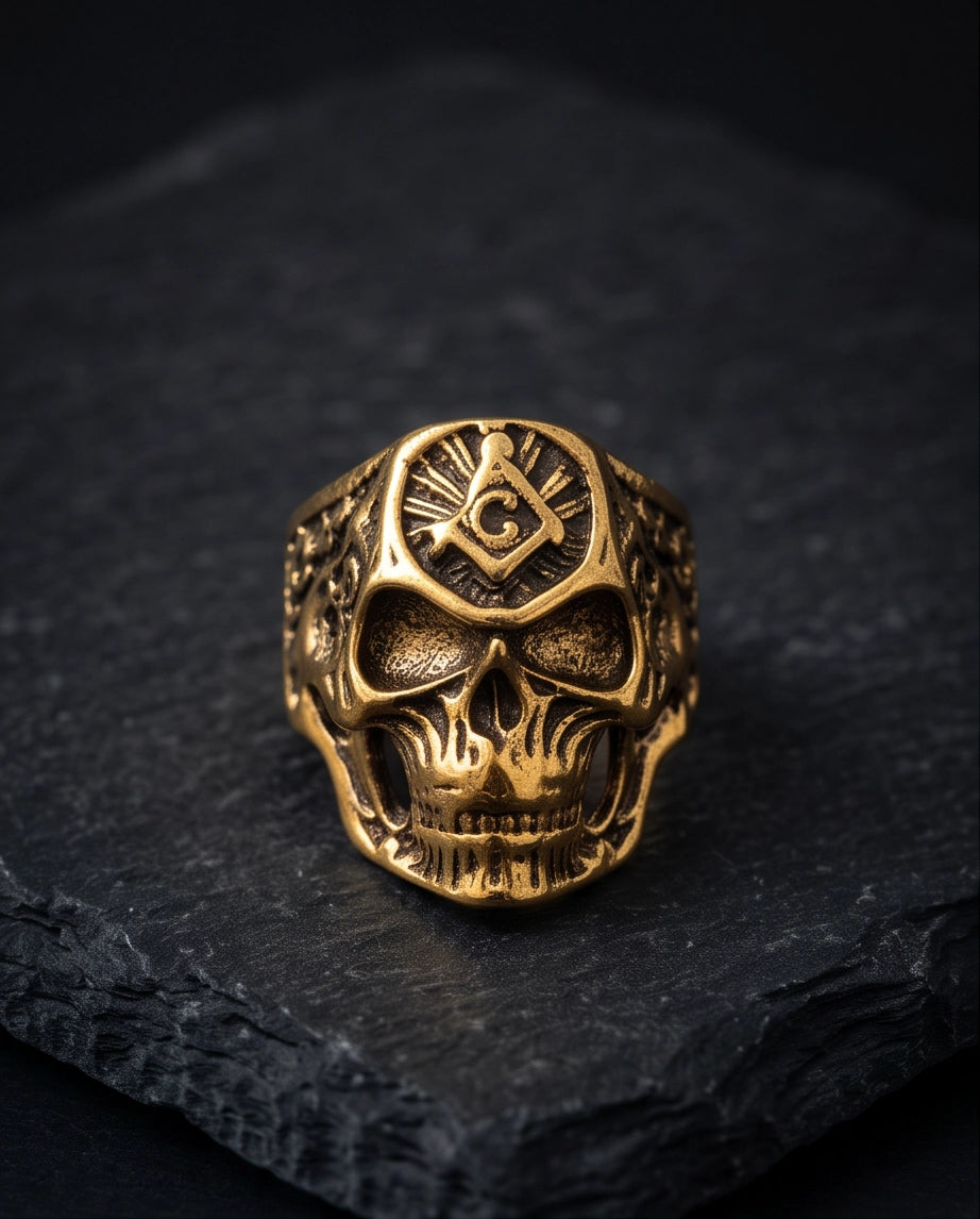 Masonic Square and Compass Anatomical Skull Gold Ring
