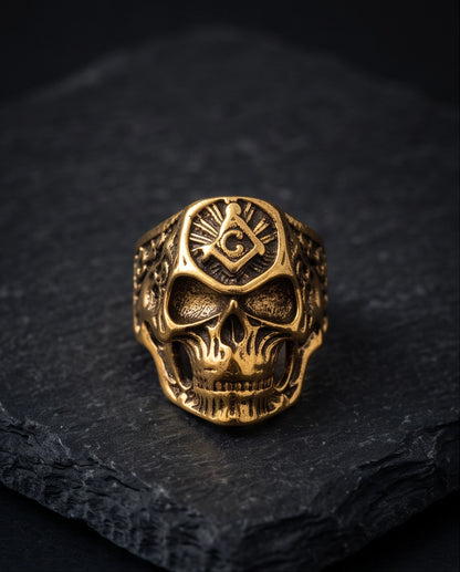 Masonic Square and Compass Anatomical Skull Gold Ring