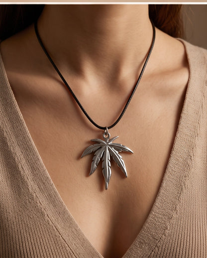 Silver Leaf Pendant Cord Necklace